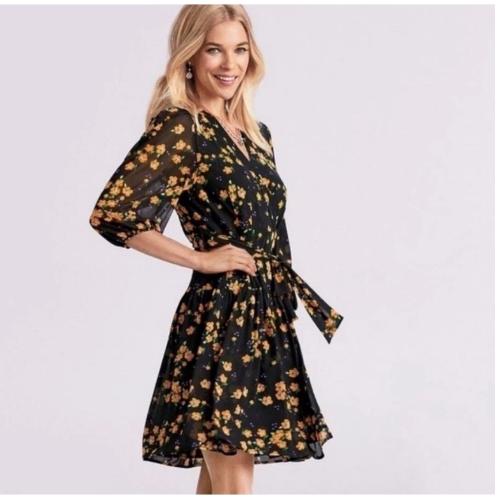 Cabi The Debut Dress Fiesta Floral Black Wrap Short Dress Career Size S